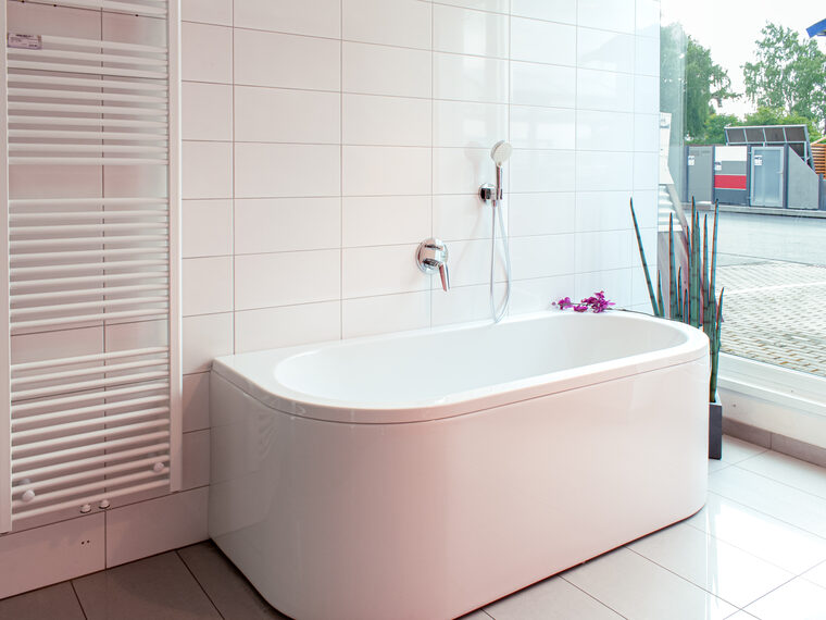 Freistehende Badewanne und Dusche in hellem Ambiente