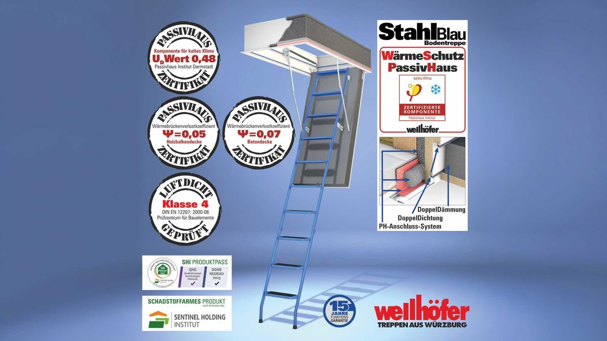 Wellhöfer Bodentreppe StahlBlau mit WärmeSchutz WSPH